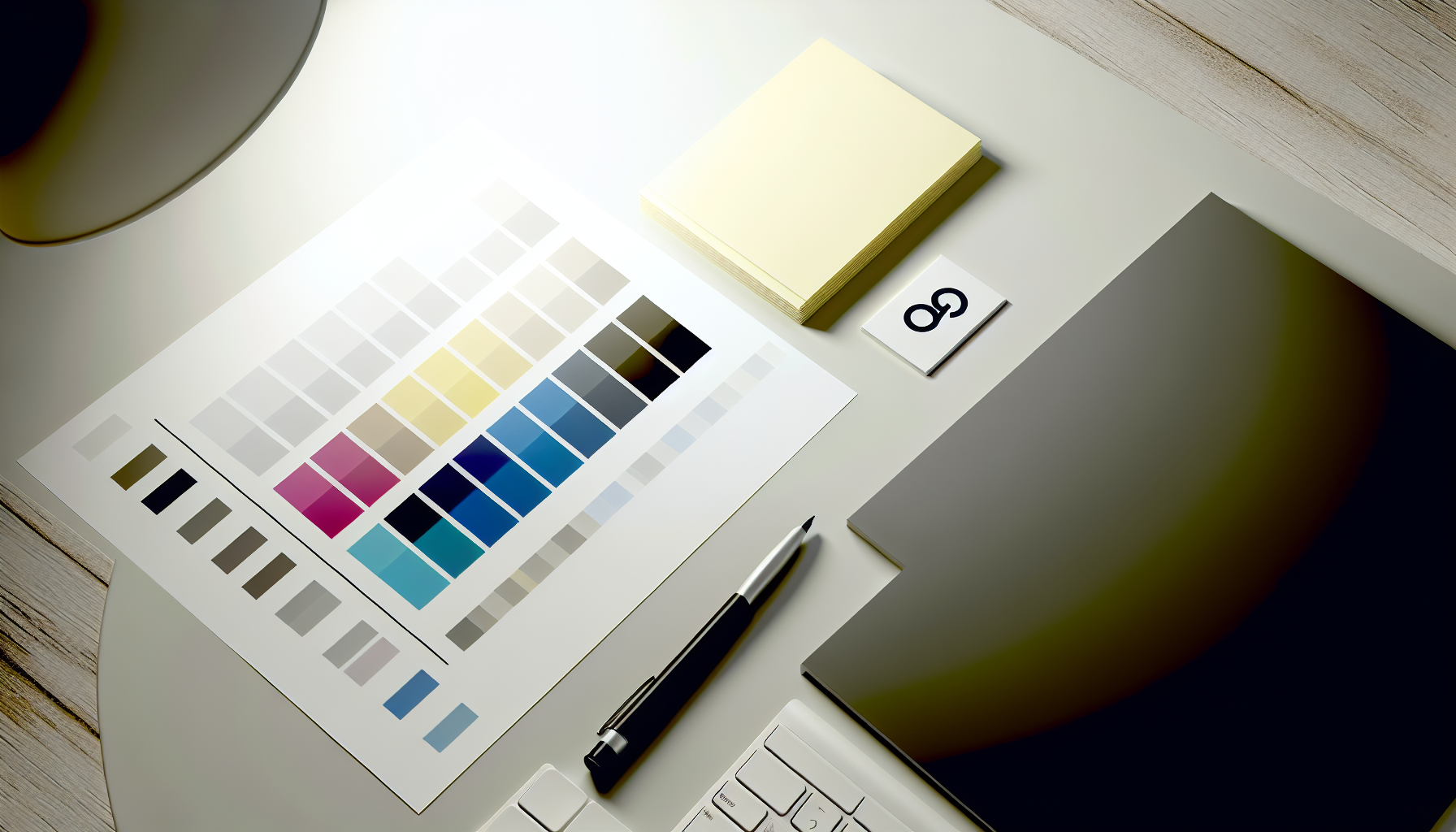 A bright photographic shot of clean design materials: color palette cards and a simple geometric icon set on a tidy desk, even soft lighting