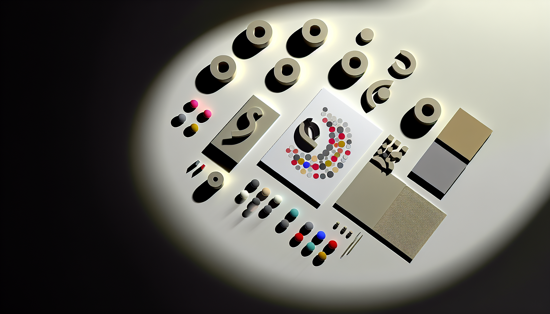 A top-down photographic view of design elements arranged for a logo composition: abstract shapes, a few colored circles, and neatly grouped 