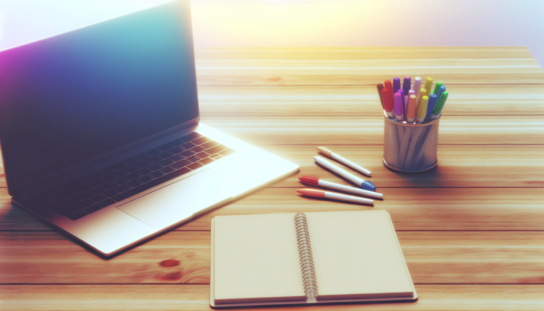 Photograph a calm design workspace showing a closed laptop, a notebook with blank pages, and a set of colored markers and pens on a wooden t