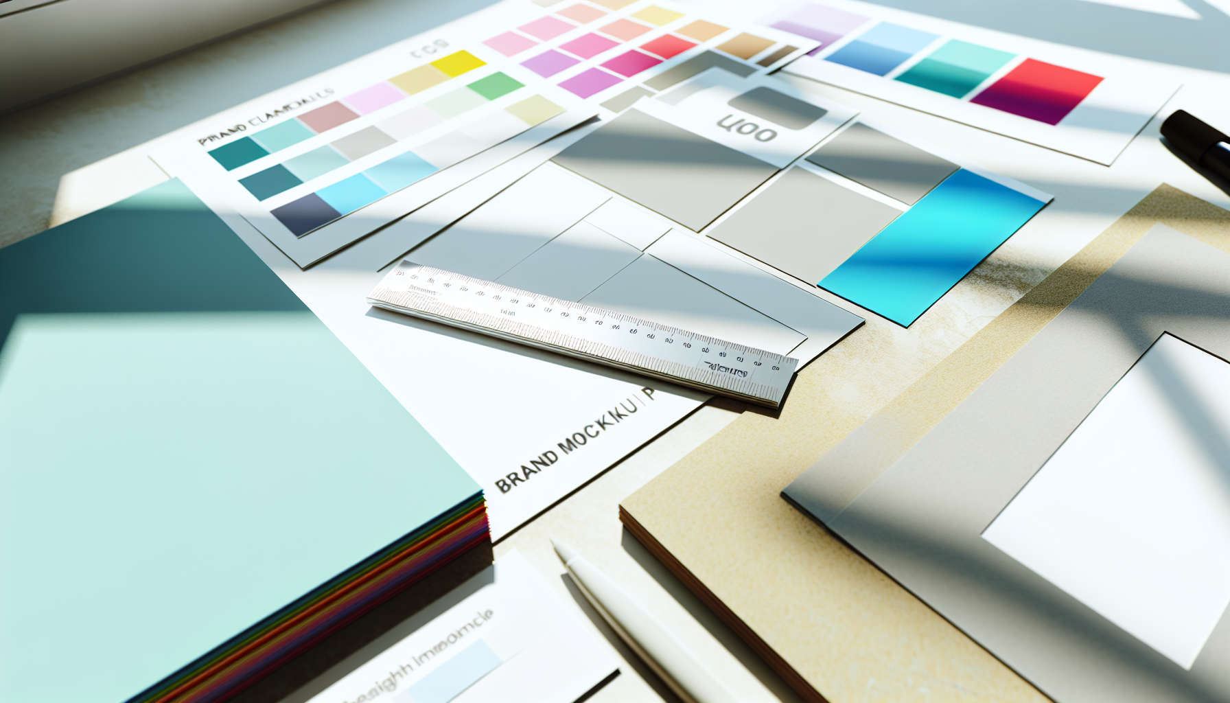 A tasteful close-up of design tools and printed brand mockups on a desk surface—color palette cards, a ruler, and a small stack of papers—br