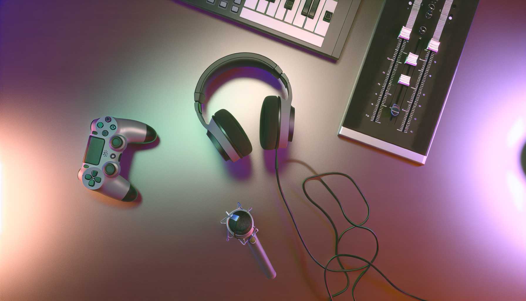 A realistic photo of headphones resting on a desk next to a small controller and an audio interface, with a dark background and gentle color