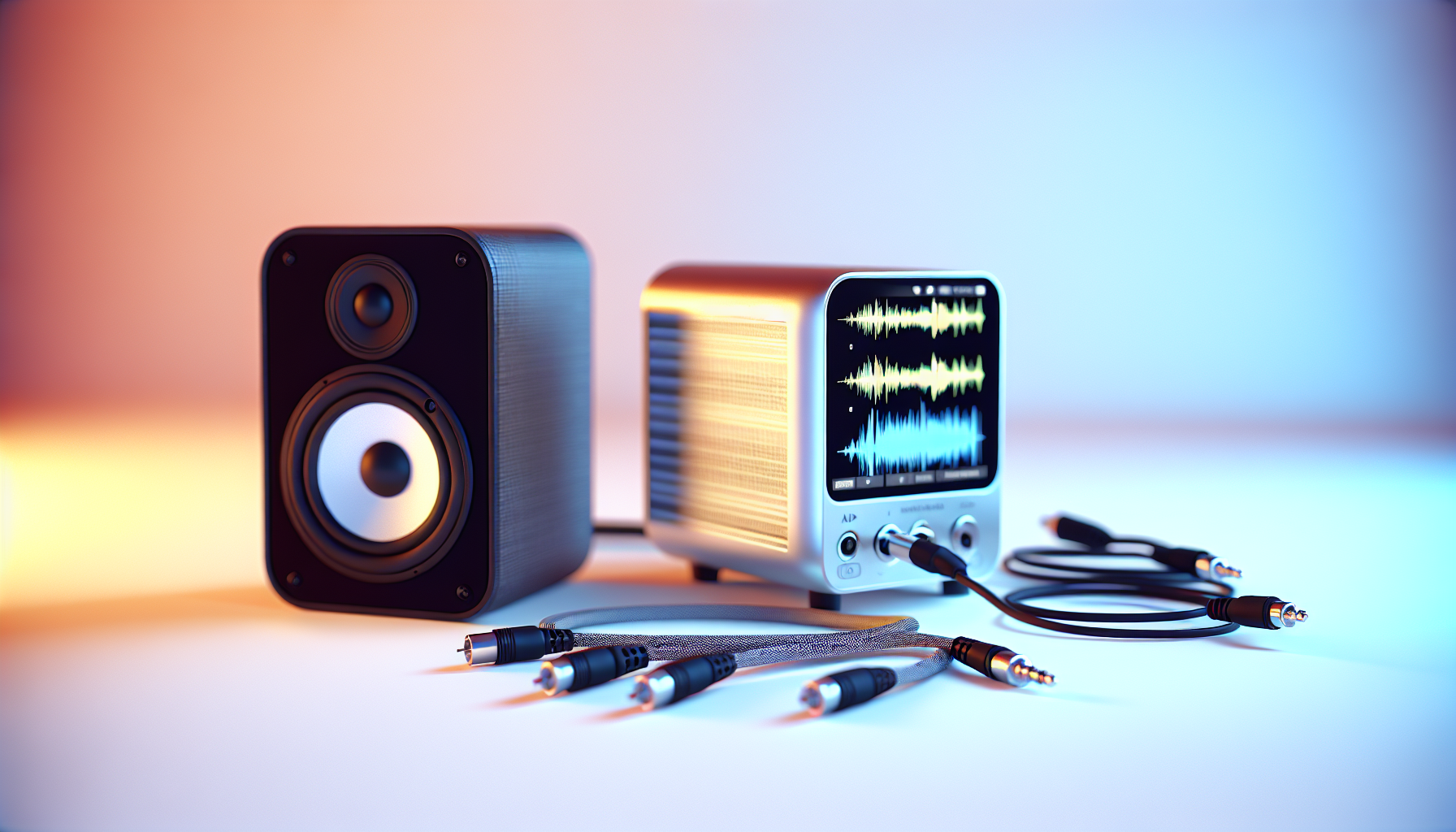 A photographic still life showing a compact speaker and an audio waveform visualization on a physical device screen (no readable text), with