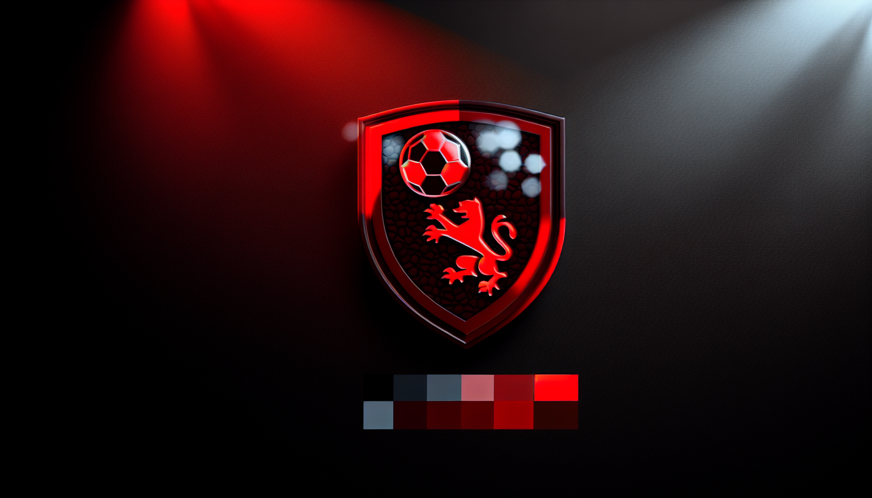 A photographic scene showing a close-up of an emblem-style football badge on a dark background, with dominant red tones and subtle highlight