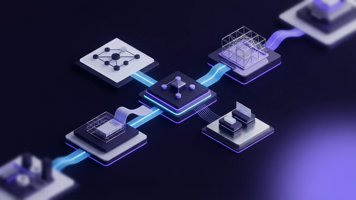 App idea moving through planned build stages Layered geometric platforms showing the stages from app idea to first release