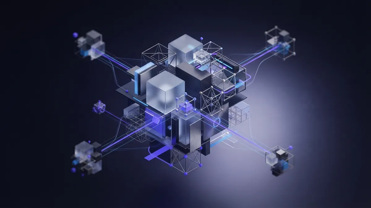 Geometric forms linked by data ribbons to represent different app types