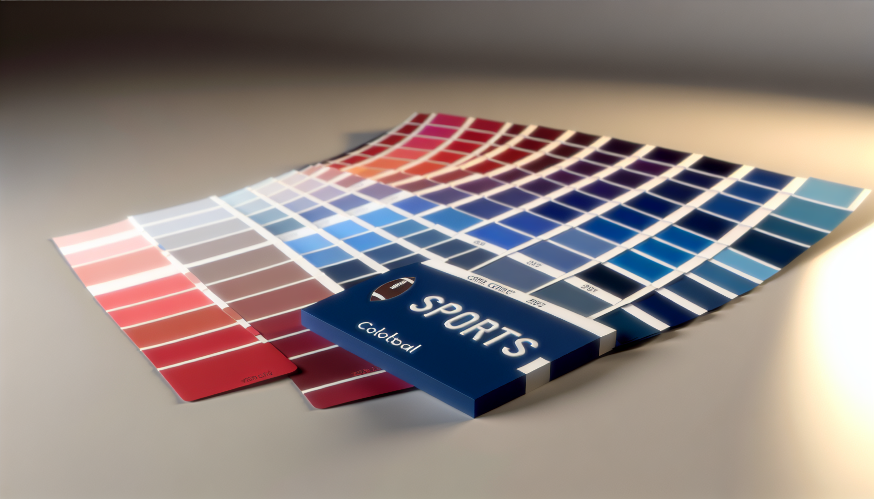 Photograph a stylized sports color palette spread over a neutral surface with swatches resembling NFL-style hues, including blues and reds. 