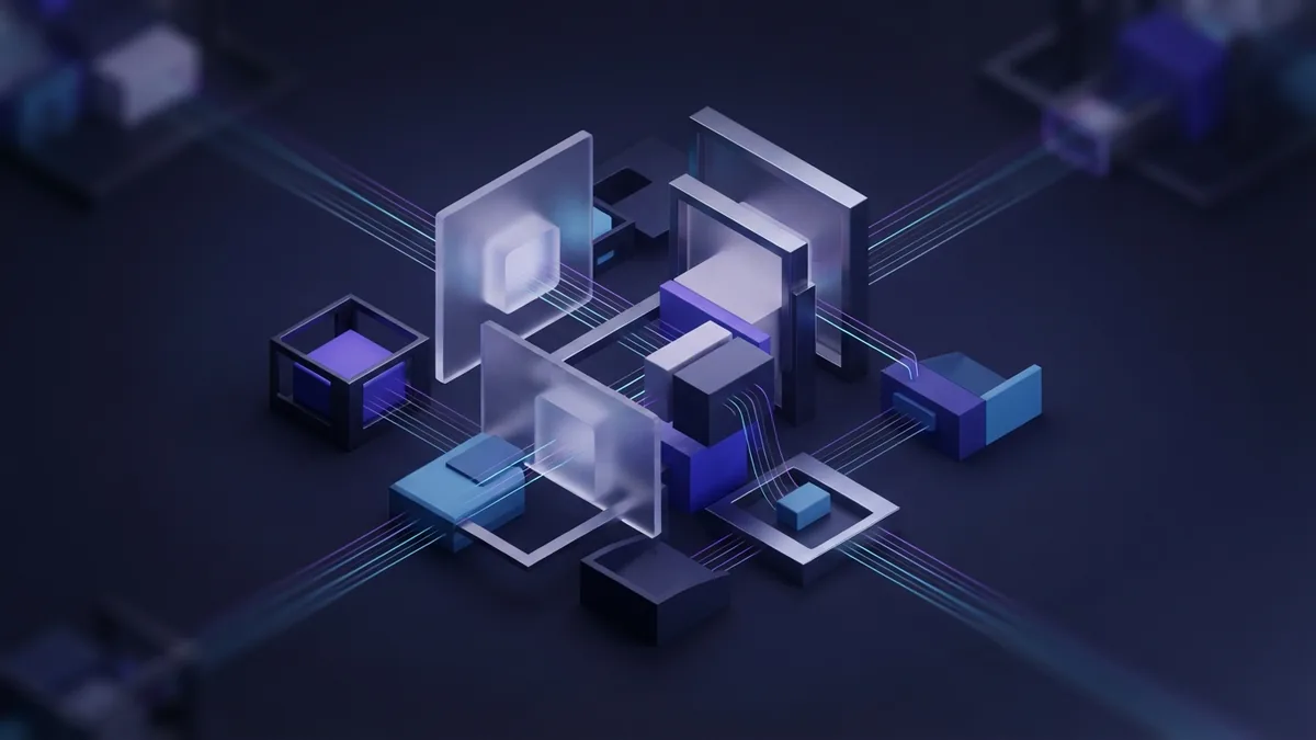 Connected geometric forms represent cloud software features and links between business tools