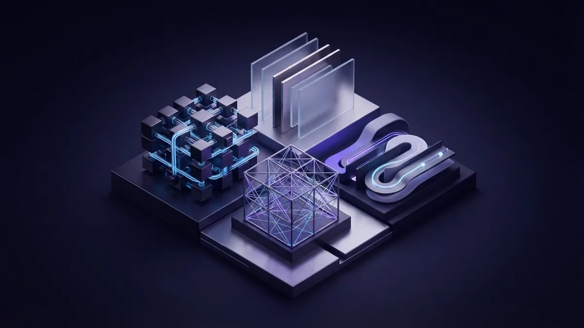 A set of abstract geometric structures represents varied business software services