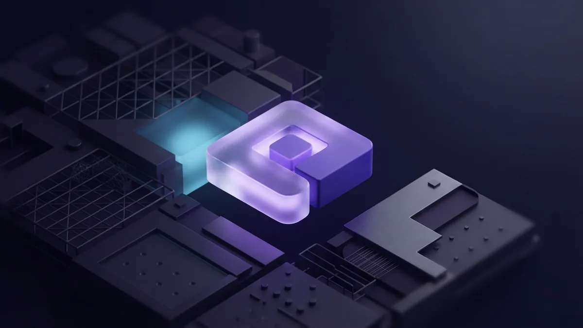 A distinct violet geometric form set apart from dark shapes to represent brand differentiation