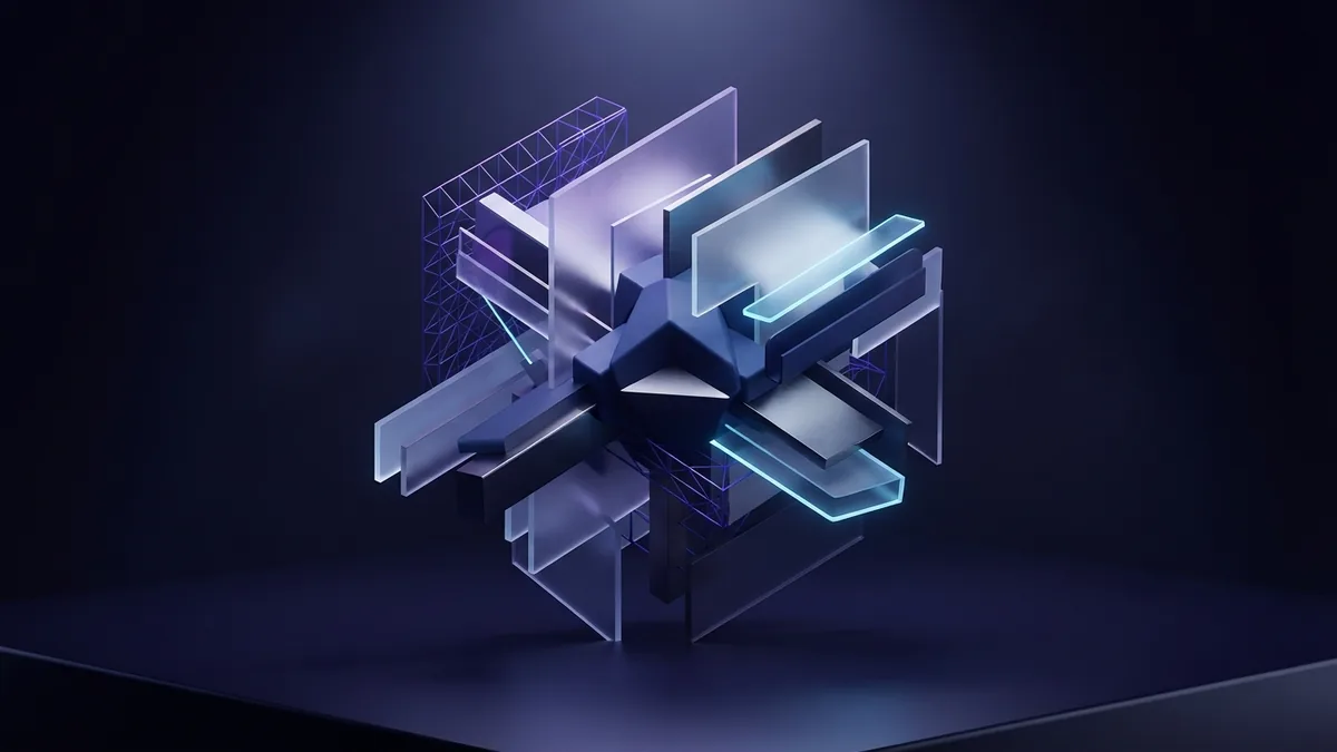 Geometric brand identity system Geometric brand identity system with frosted glass and violet highlights in a premium dark setting