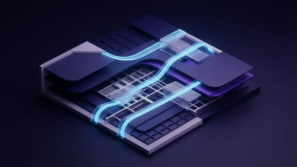Abstract layered digital surfaces with a glowing data ribbon in violet and cyan light
