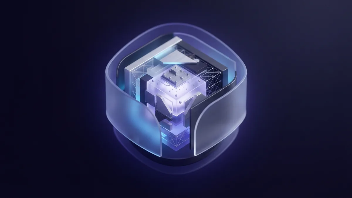 Geometric core with protective layers Luminous geometric core surrounded by protective layers in a dark violet studio scene