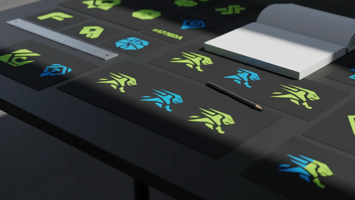 Desk with logo sketches featuring lion icons for comparing brand marks