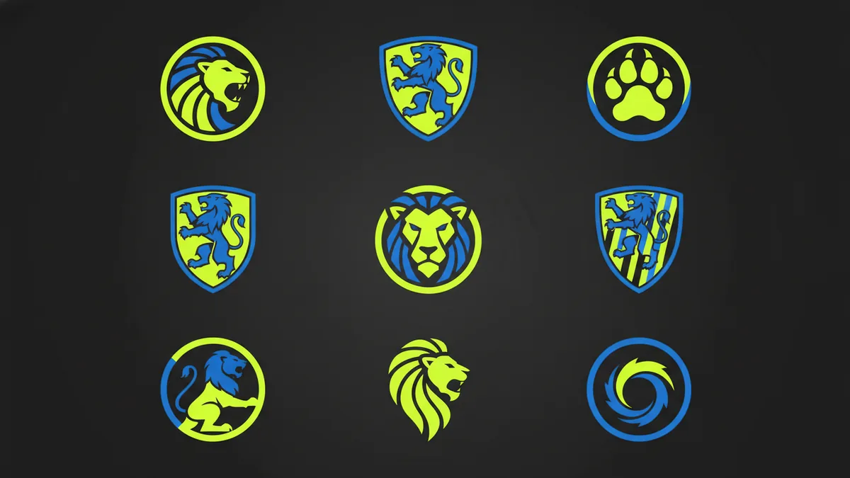 Grid of lion-themed brand emblems showing different crest styles