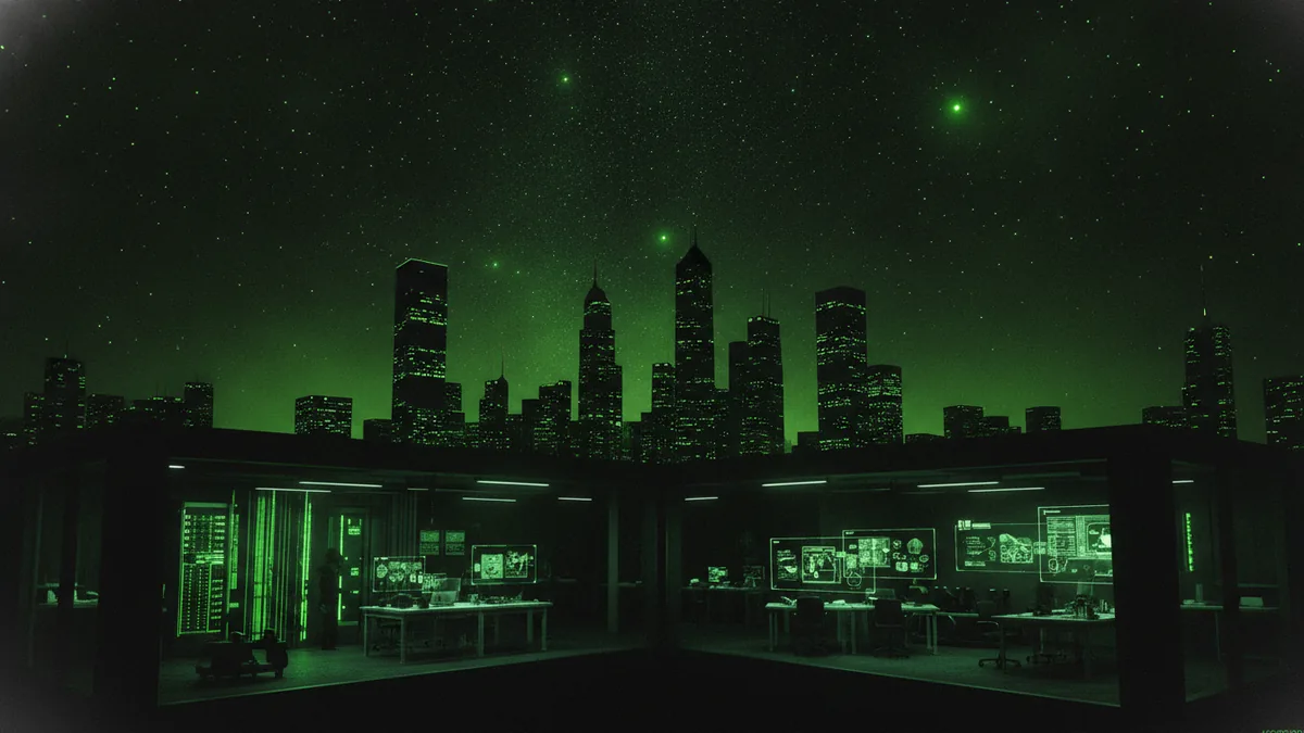 Night sky with stars over a faint city skyline background.