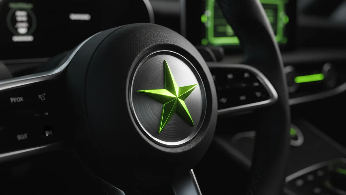 Emblem on steering wheel Close-up of a star emblem centered on a car steering wheel.