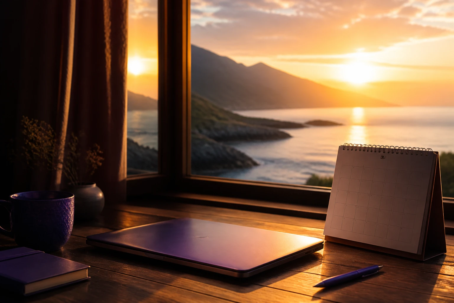 Desk by a window with a calm view during time off
