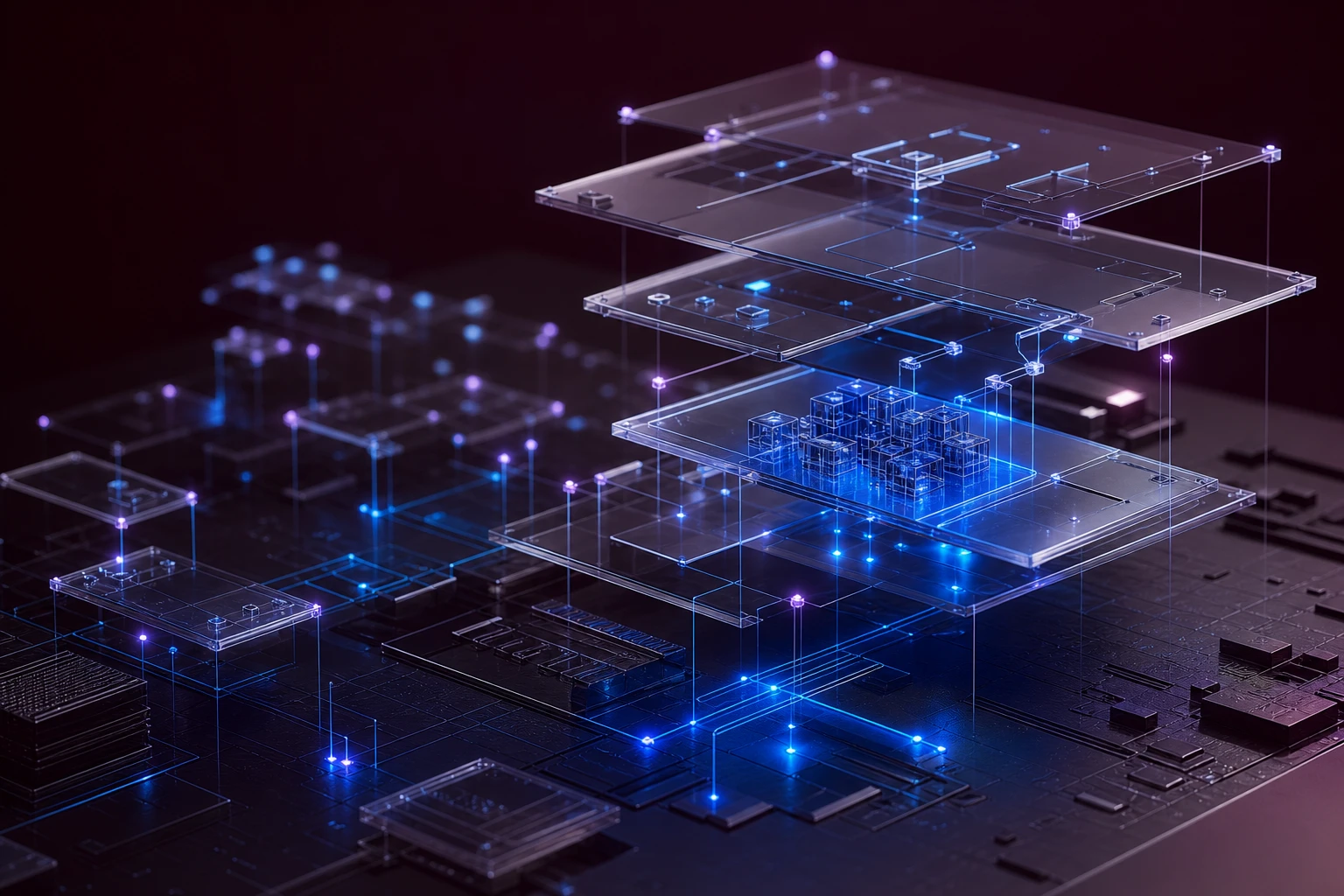 Exploded architecture case study panels with illuminated evidence nodes