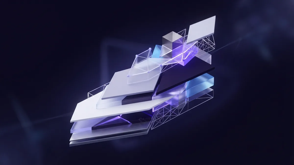 Layered geometric forms showing steady website performance gains in violet and cyan