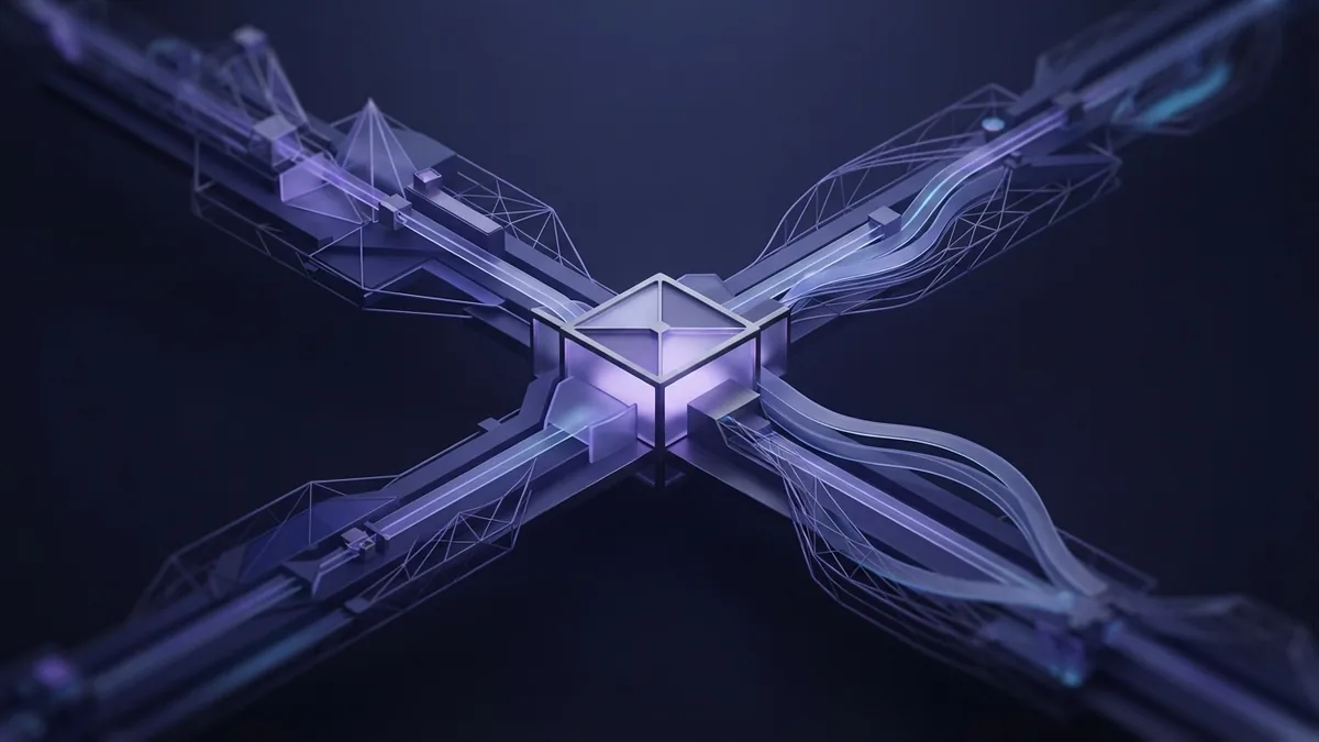 Abstract branching pathways representing CRO testing with violet and cyan geometric forms