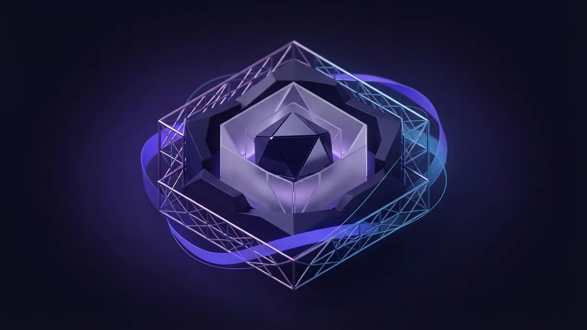 Layered geometric forms show focused brand direction in violet and indigo tones