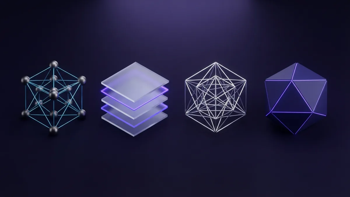 Four geometric style directions Four abstract geometric structures represent varied logo style directions in violet light