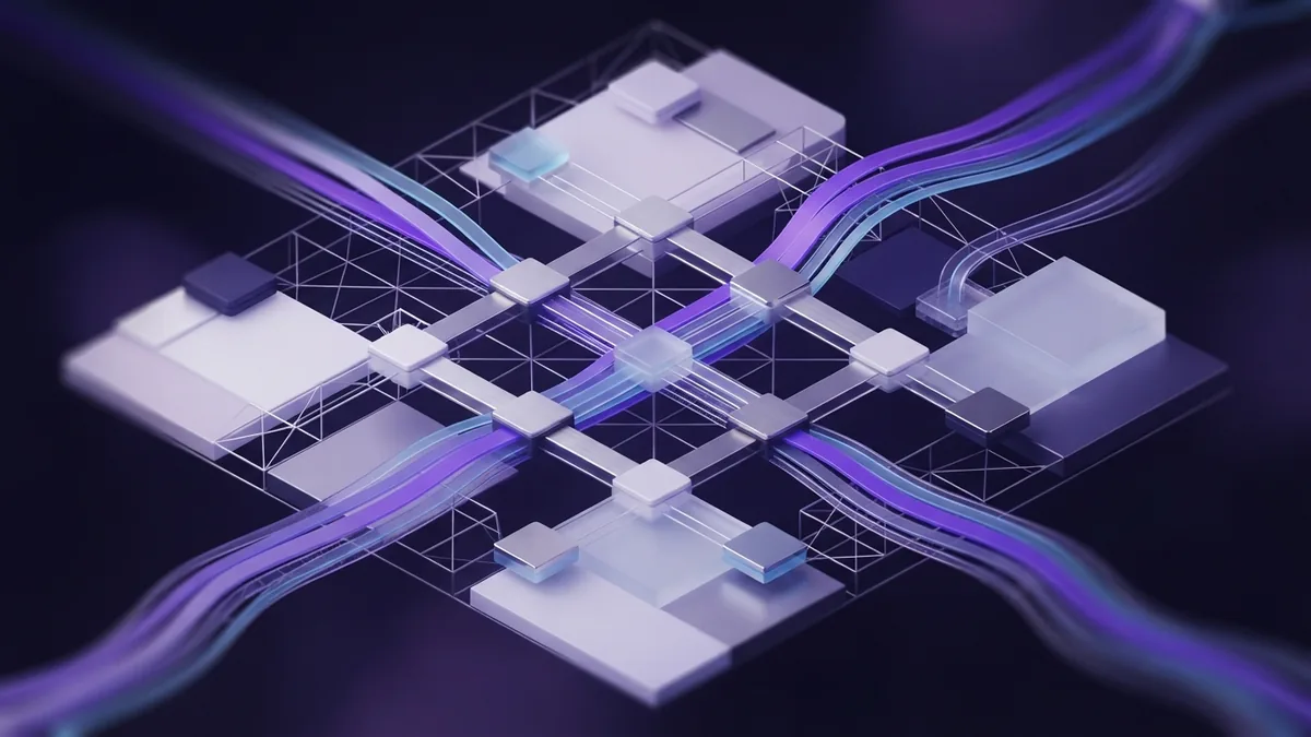 CRM data flow and connected records Abstract data ribbons moving through a structured CRM network grid in violet and cyan light