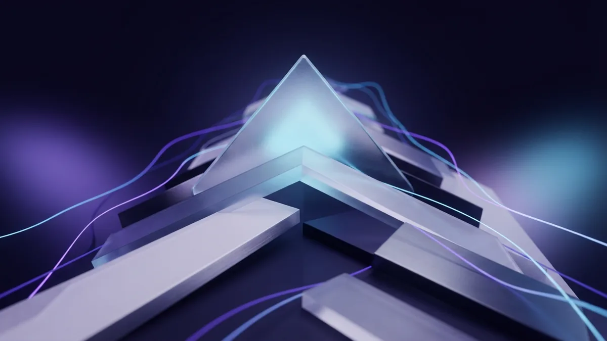Layered CRM growth path with data ribbons and a glowing glass point
