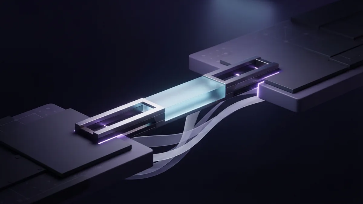Geometric bridge linking separate CRM platforms across a dark indigo space