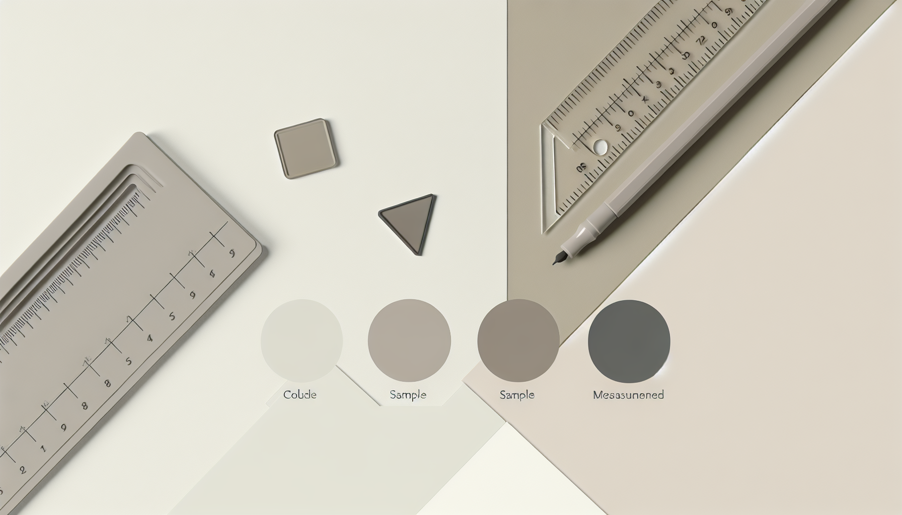 A close-up of minimal geometric shapes and sample icons arranged on a neutral surface, with a ruler and fine-tip marker beside them. Even di