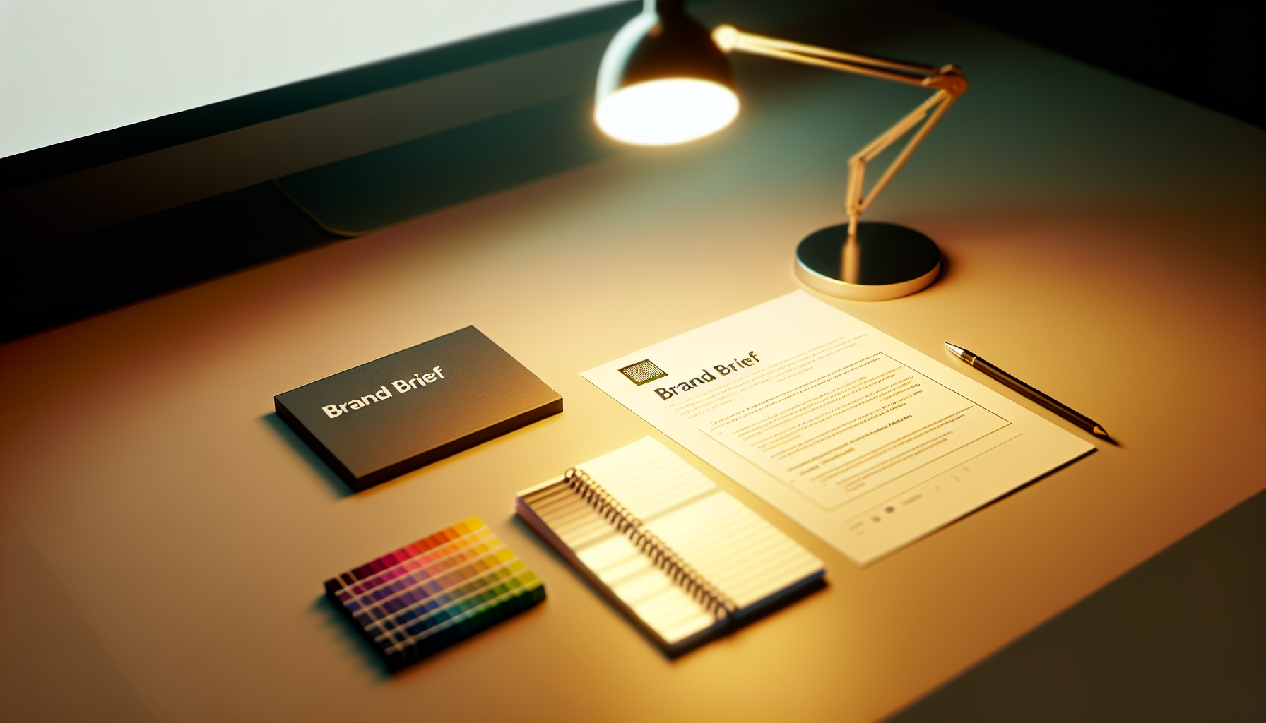 Photograph a small desk setup with a printed brand brief checklist, color swatches, and a notebook labeled only with blank lines (no readabl