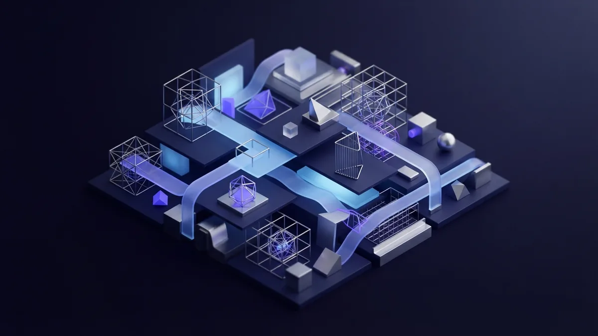 Abstract design tool workspace Abstract 3D design tools with wireframe forms, layered planes, and violet studio lighting