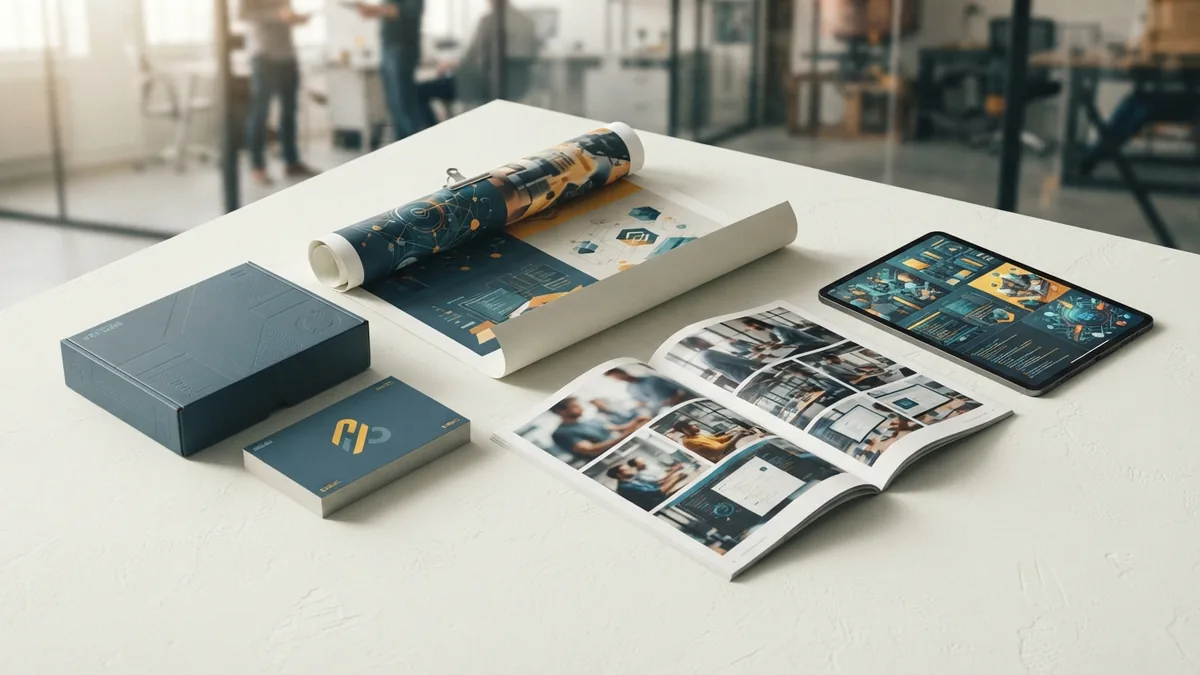 Packaging, poster, logo, and digital brand materials arranged as graphic design examples