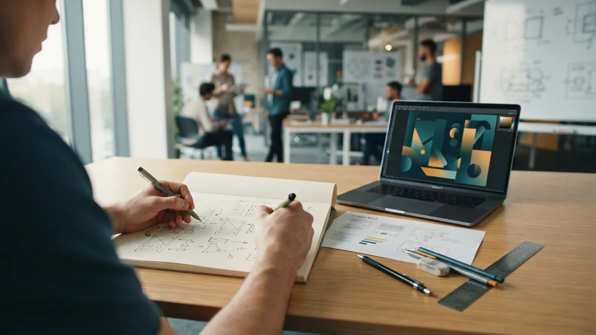 Graphic design process and early sketches Designer developing sketches and reviewing a creative brief beside a laptop and drawing tools