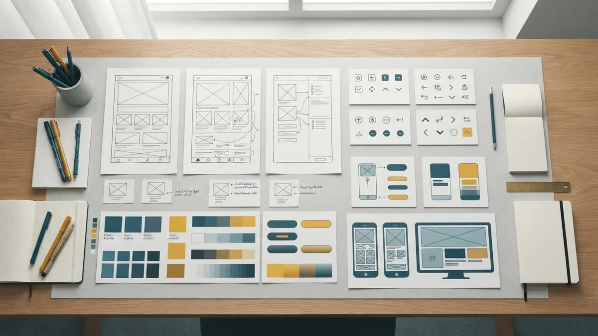 Graphic design and UX planning materials Wireframes, icons, color tests, and screen layouts arranged for a digital product design review