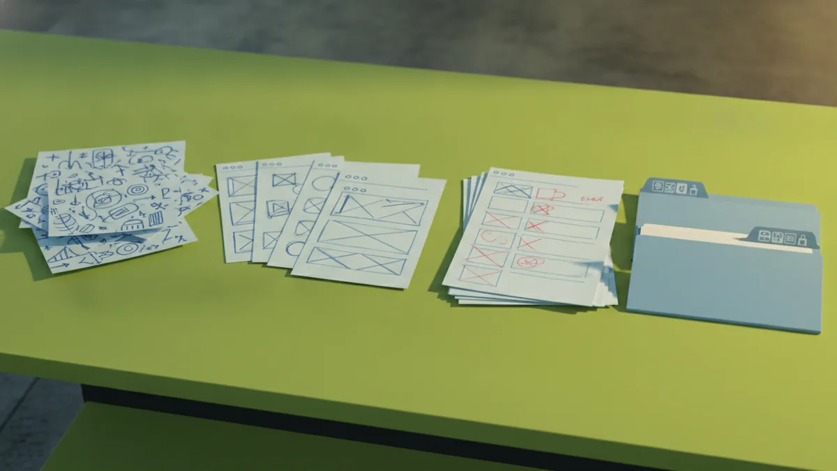 Stages from brief to files Items arranged in sequence to show logo design stages from research to final files