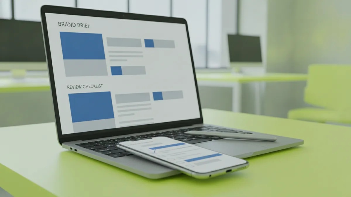 A brand brief and review checklist laid out for fast client feedback