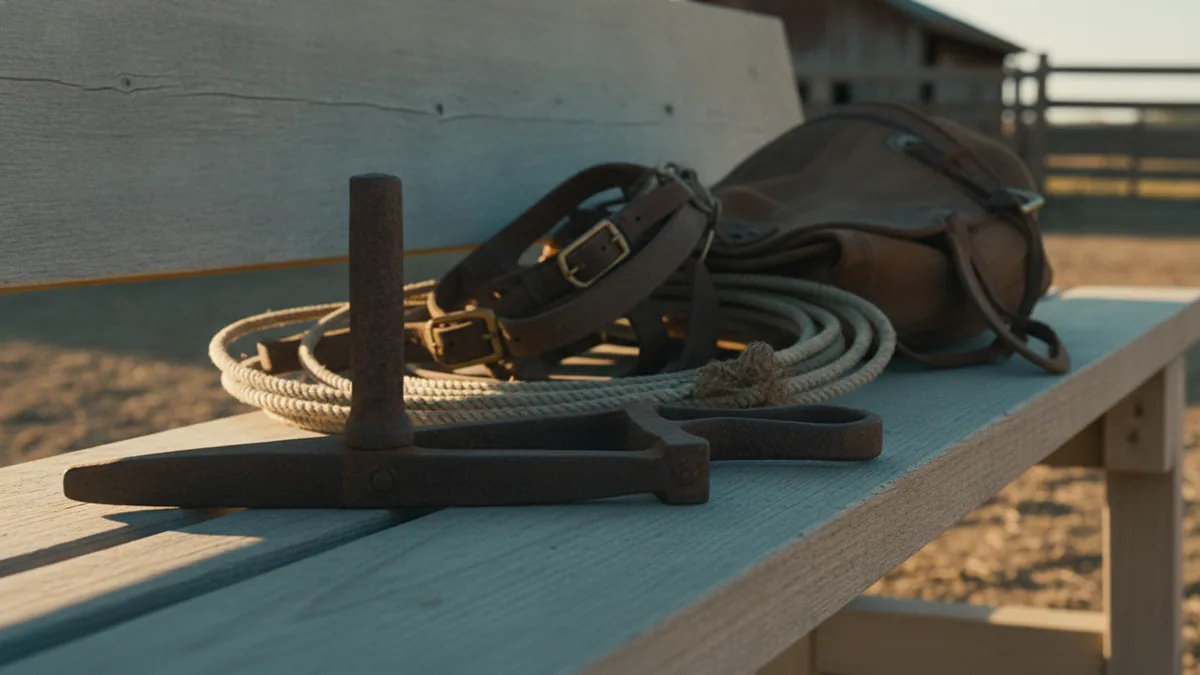 Branding iron near vintage ranch gear to suggest cattle branding history