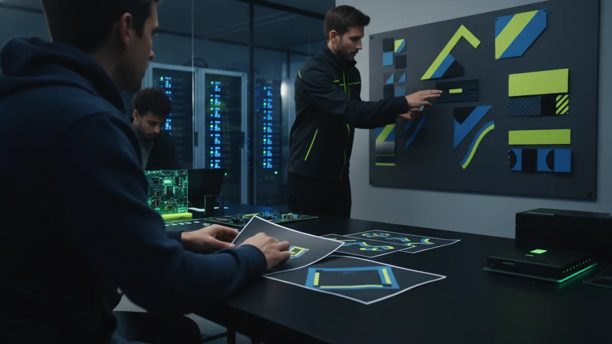 Team reviewing logo direction boards and draft concepts on a table
