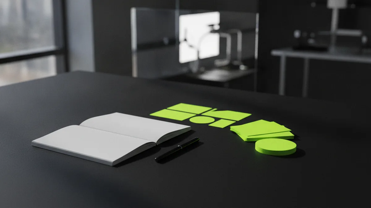 Organizing your brand identity Notebook and pen beside brand labels to illustrate trademark basics.