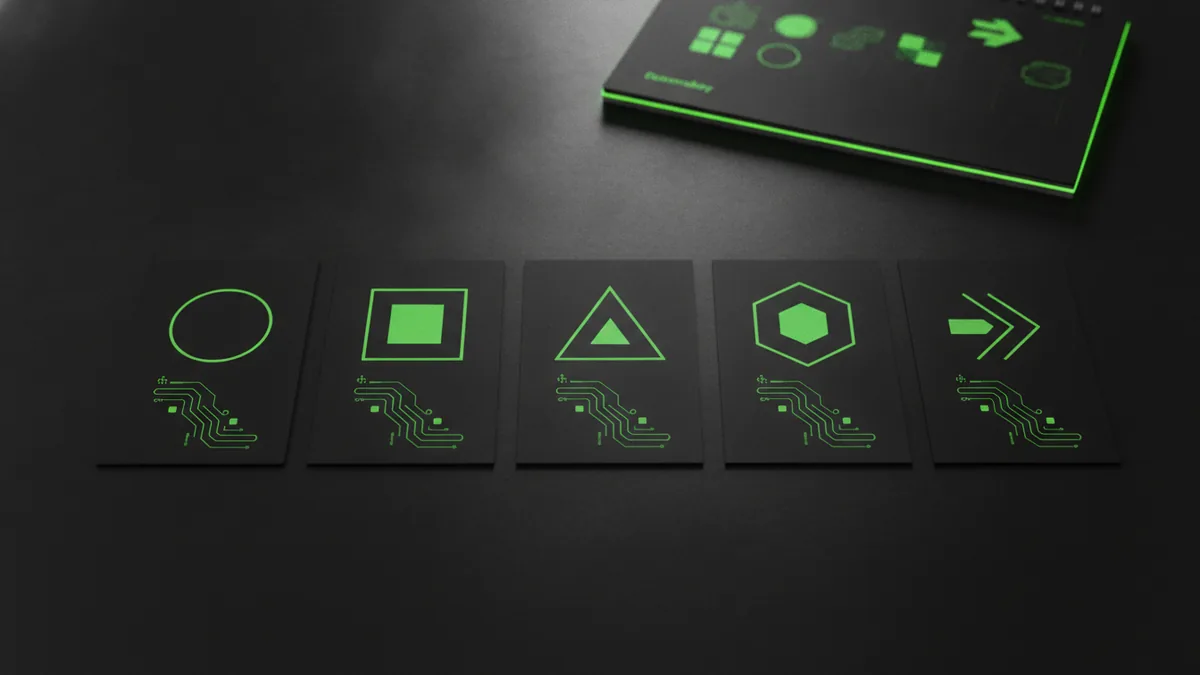 Application workflow steps Sequential workflow cards on a table to show the trademark application process.