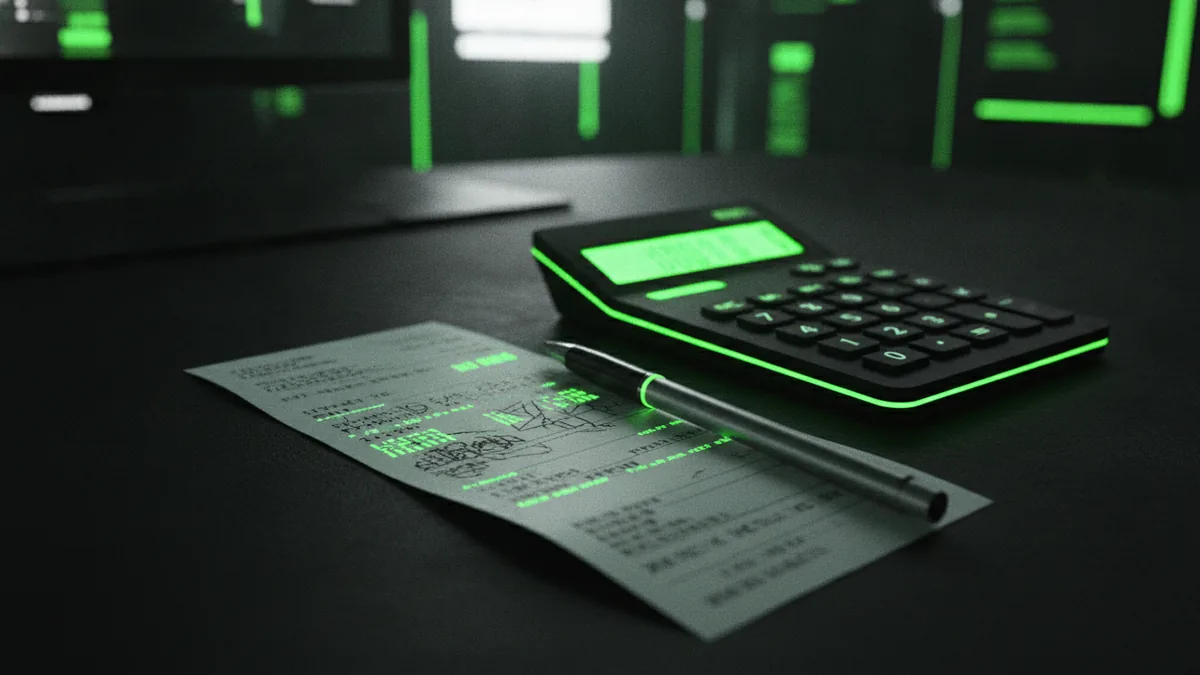 Filing fee budgeting Receipt and calculator on a desk to represent trademark filing fees.