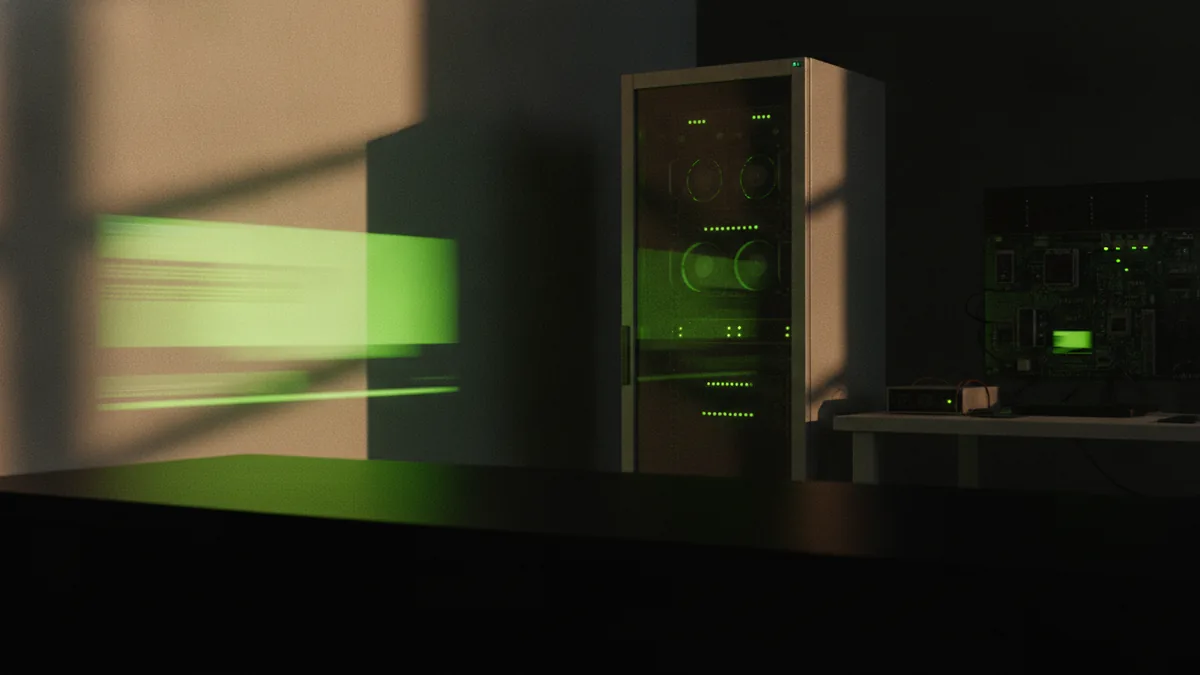 Warm-lit editing room that suggests brand watermarking in videos