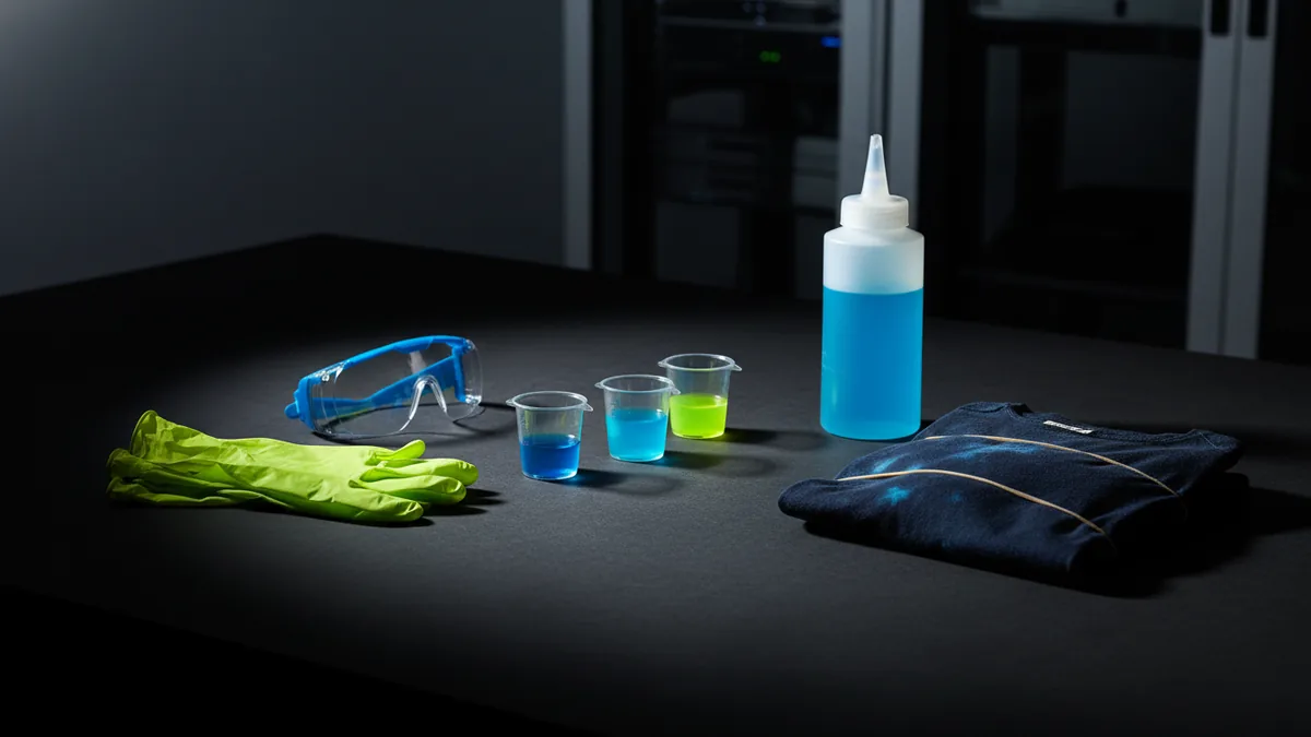 Gear and prep checklist for safety Safety gloves, eyewear, and mixing tools arranged for bleach tie dye on cotton.