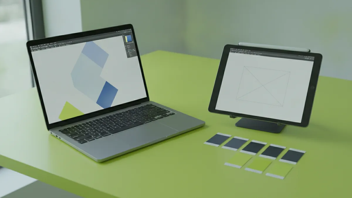 Modern desk setup with digital design tools and organized color chips.
