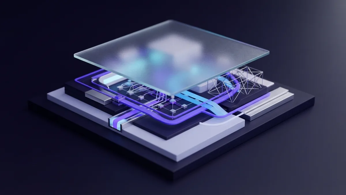 Digital forms on layered planes Precise geometric paths and layered surfaces suggest digital logo creation