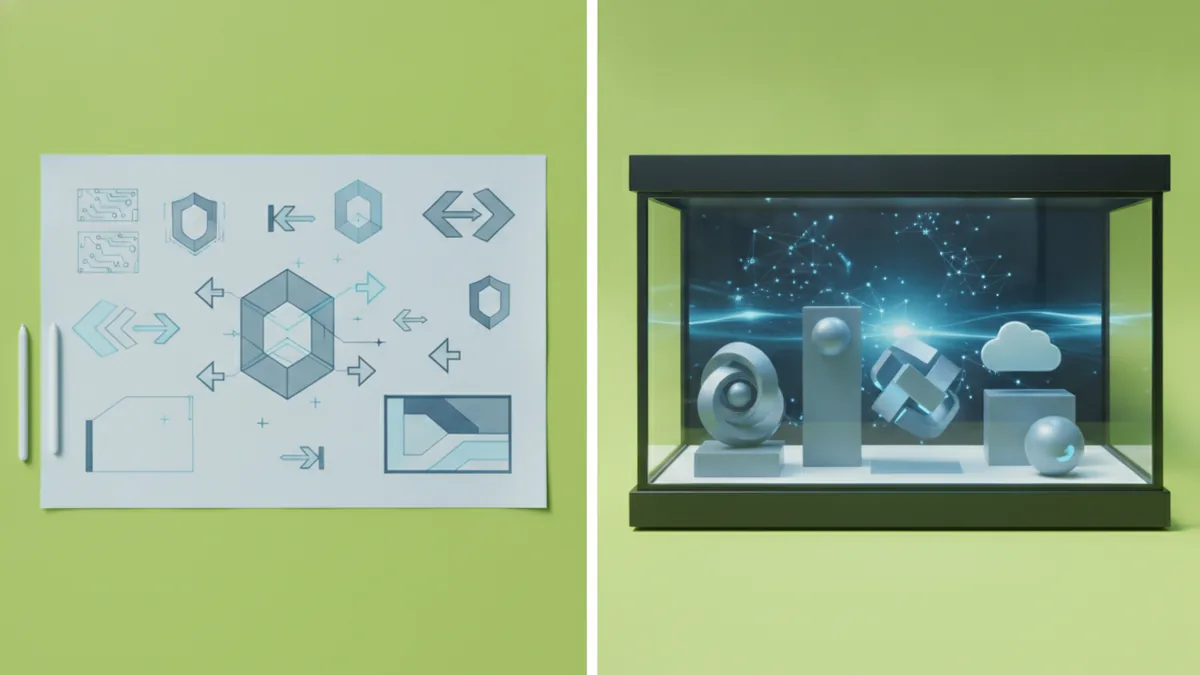 Design sketch and business storefront scene to show copyright versus trademark roles.