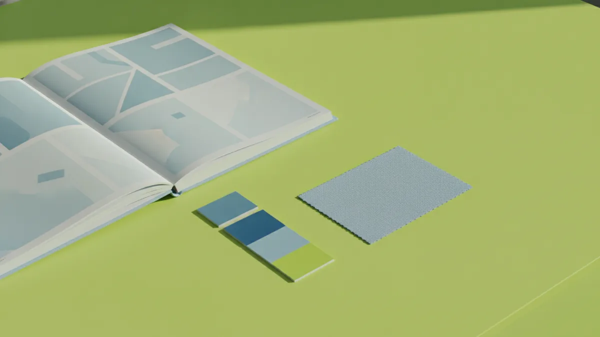 Brand identity notes and fabric and color swatches for logo direction