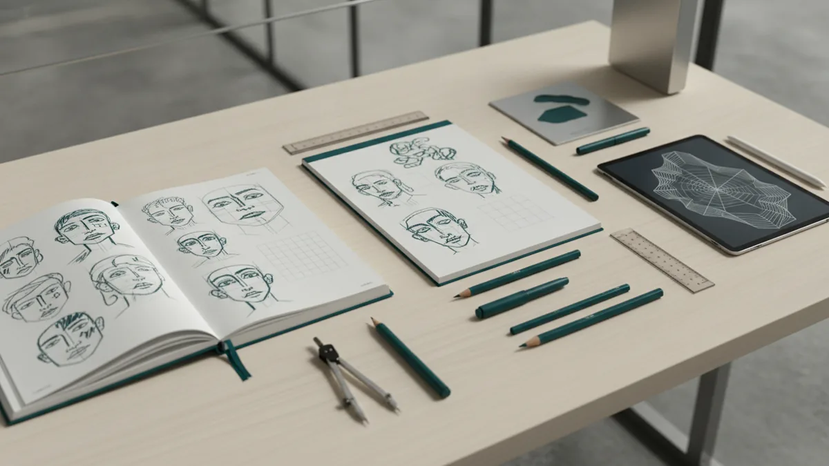 Top-down view of face logo sketches and a proportion grid on a desk.