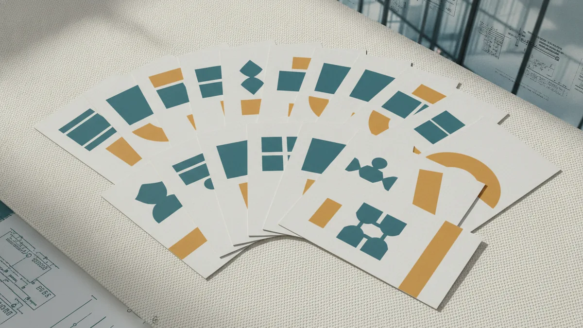 Printed brand cards showing simple, bold logo icons and text